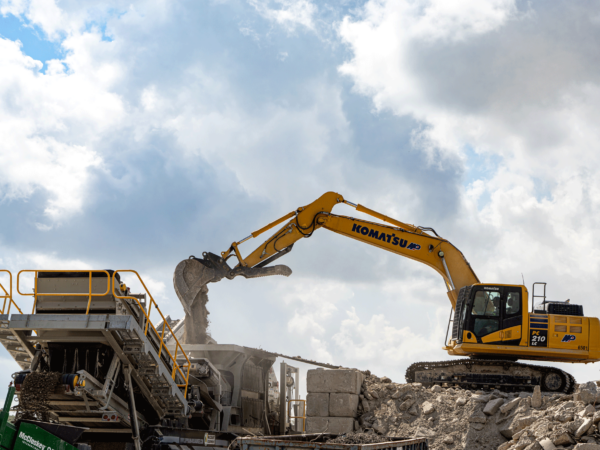 Excavator sorting and filling material with a cloudy sky in the background.